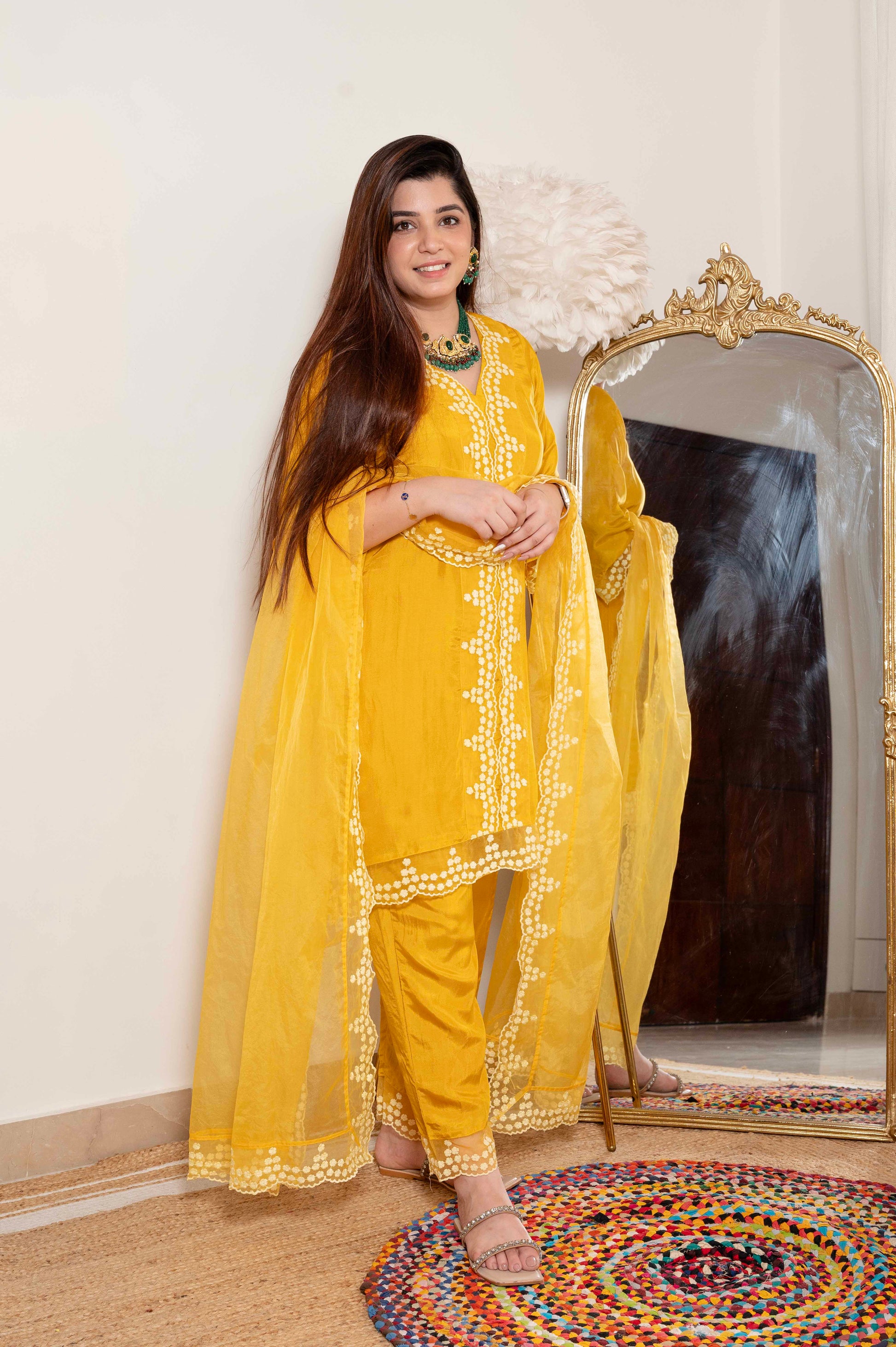 Sukh Yellow Silk Suit With Schiffli Detailing