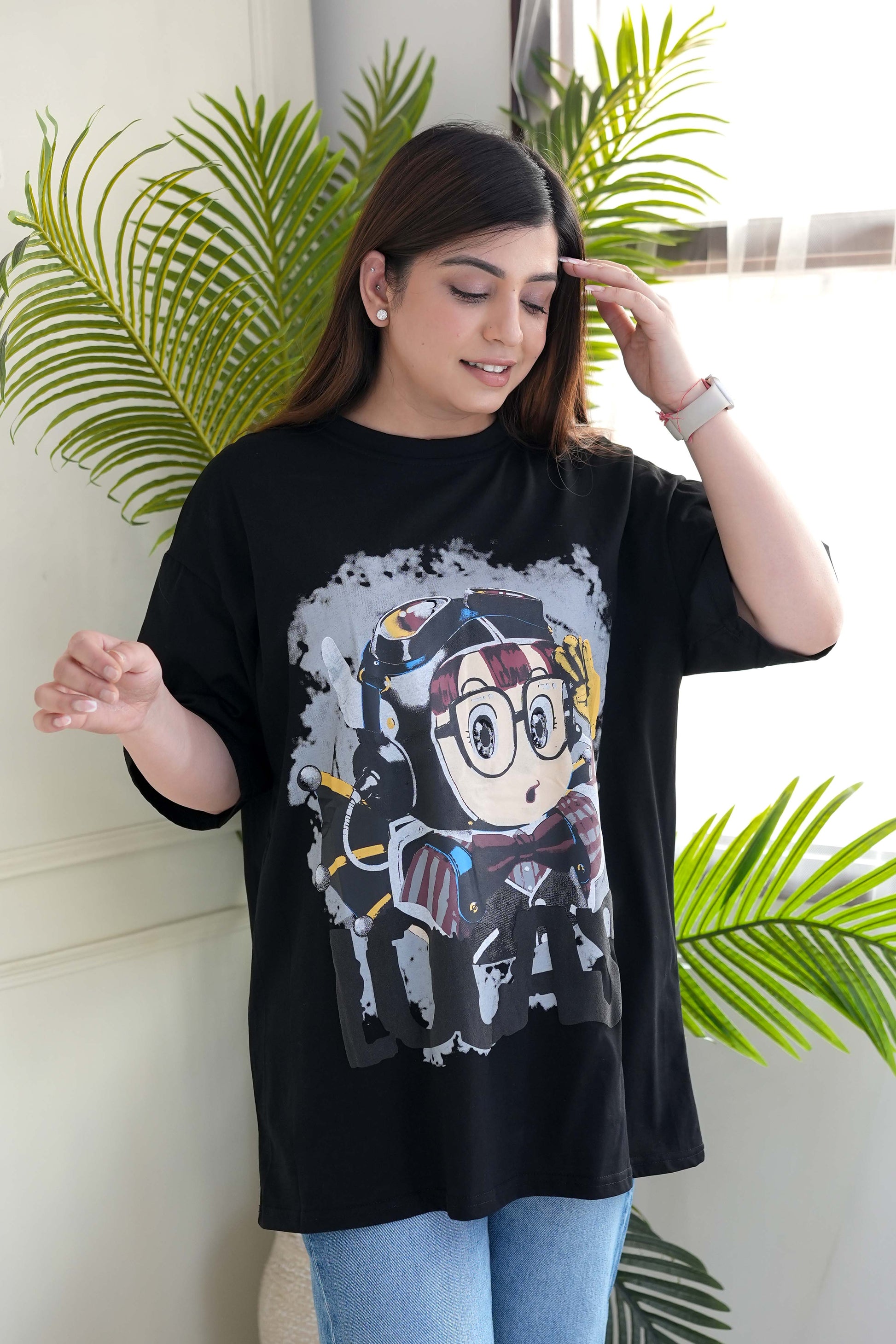 Bella Black Printed Boyfriend Fit Tshirt