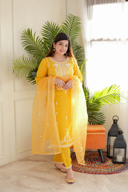 Madho Yellow Thread Work Suit Set