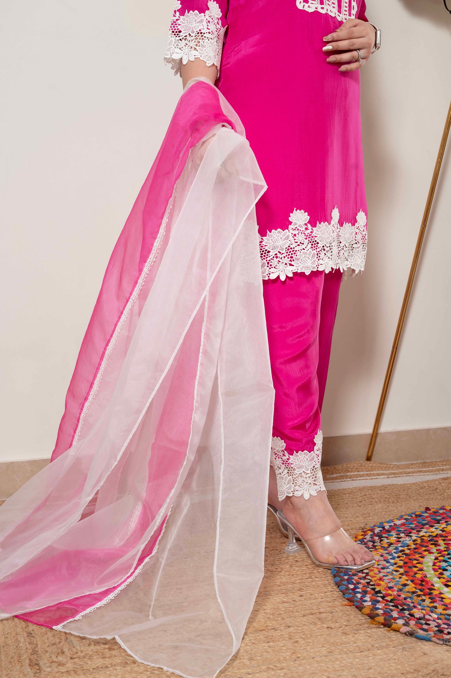 Tirana Pink Suit Set With Cutwork Detailing