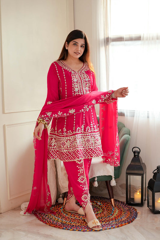 Noor Gotta Embellished Hot Pink Short Anarkali With Dhoti