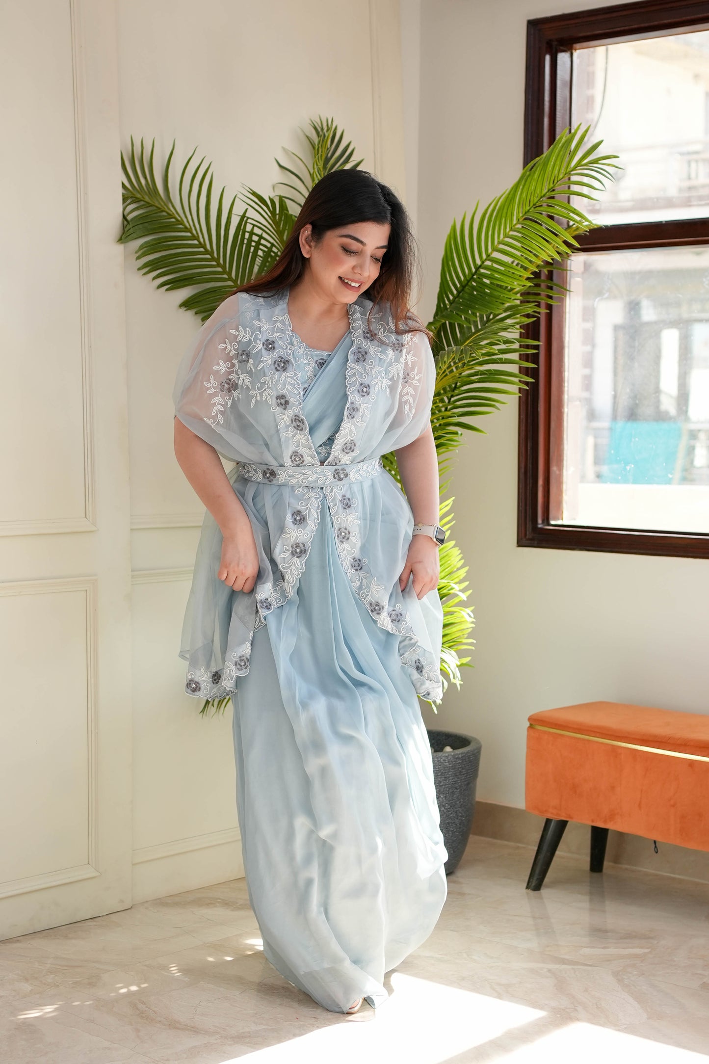 Nyna Blue Drape Saree With Cape And Belt