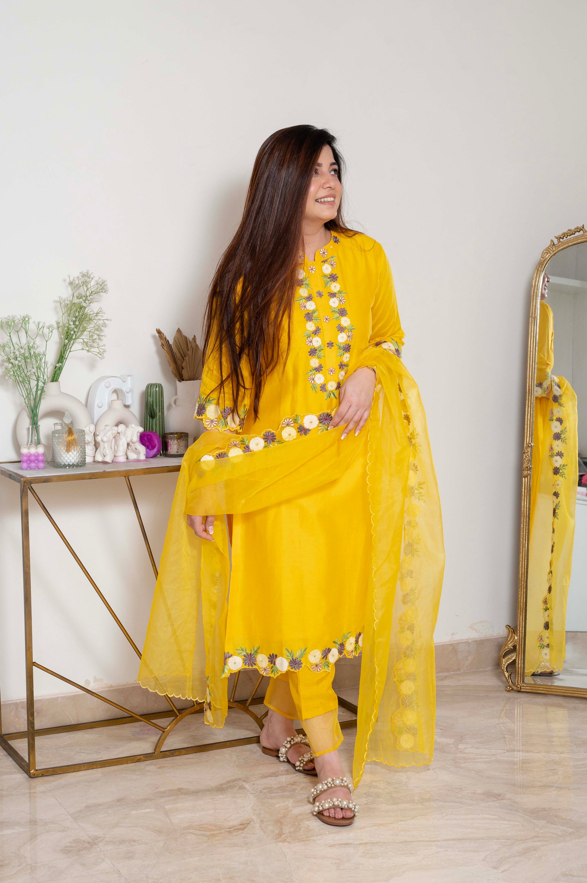 Nadira Yellow Embroidered Silk Suit Set