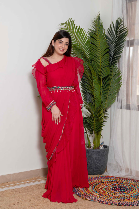 Rutbah Red Maxi With Attacher Frill Dupatta