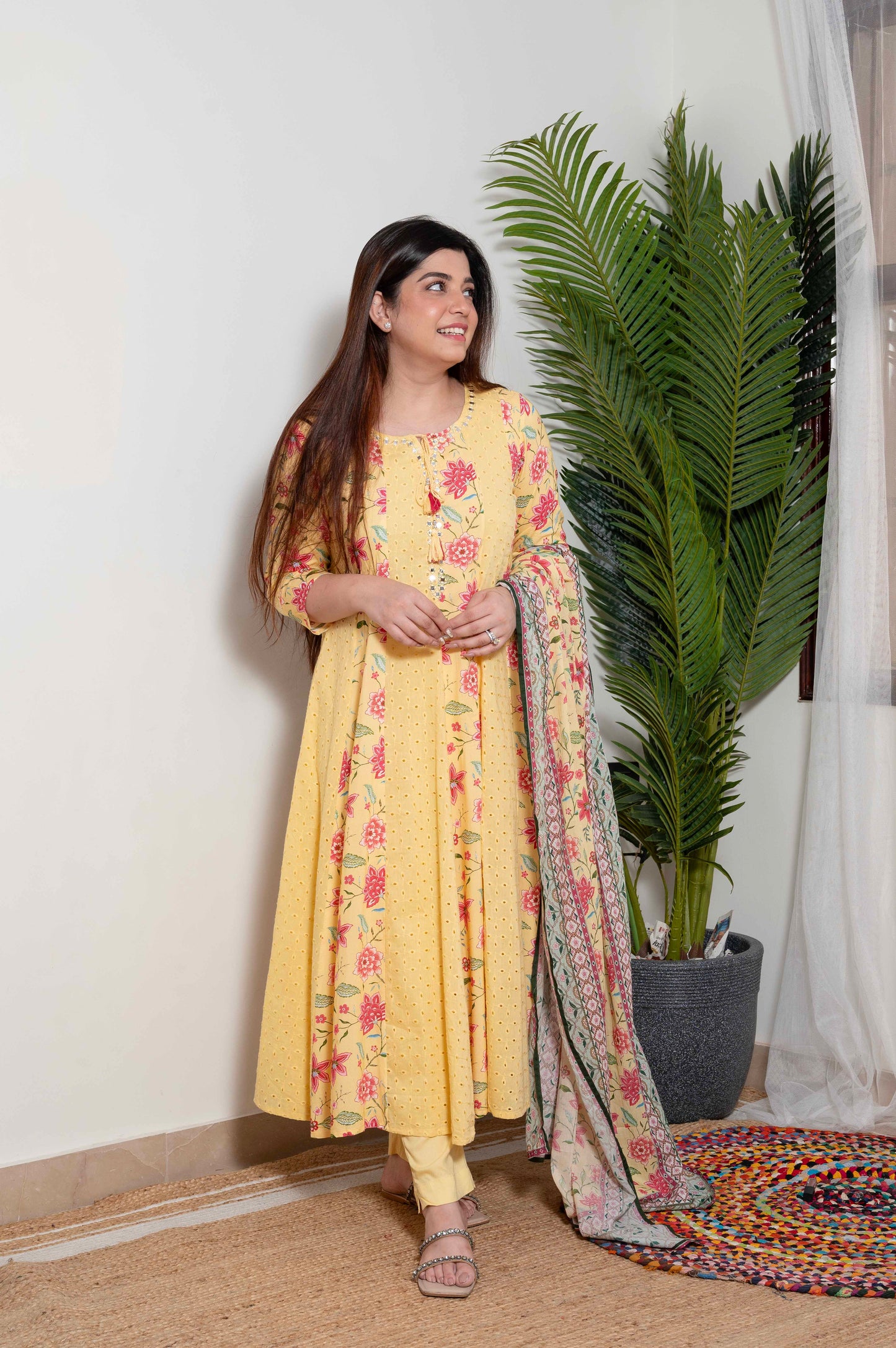 Tamra Yellow Schiffli And Print Detailing Anarkali