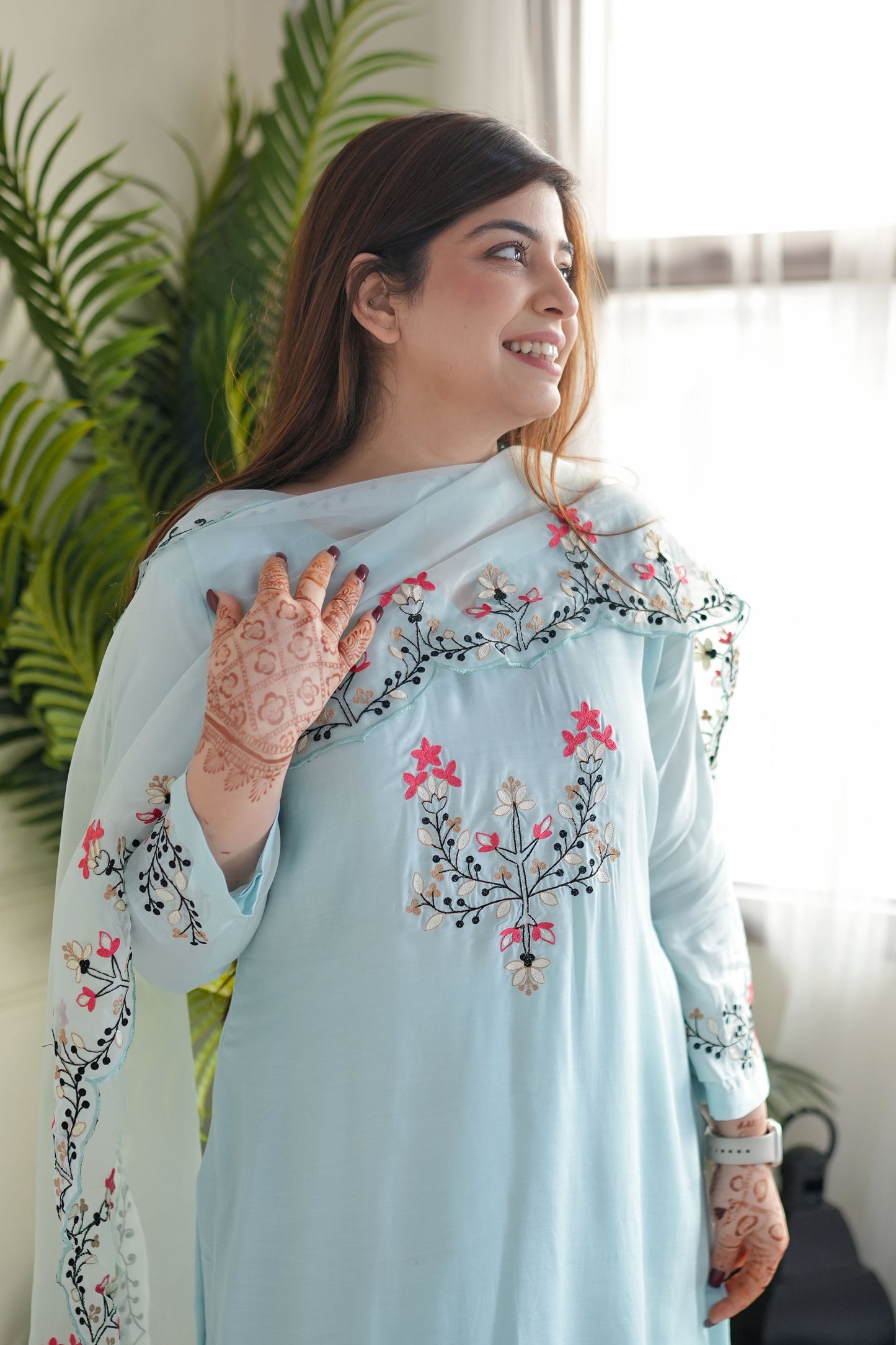 Blue Embroidered Silk Suit Set