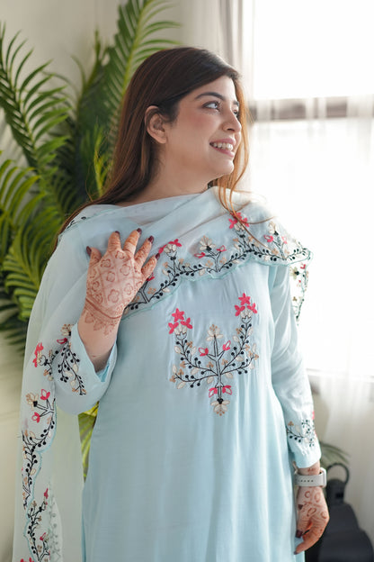 Blue Embroidered Silk Suit Set