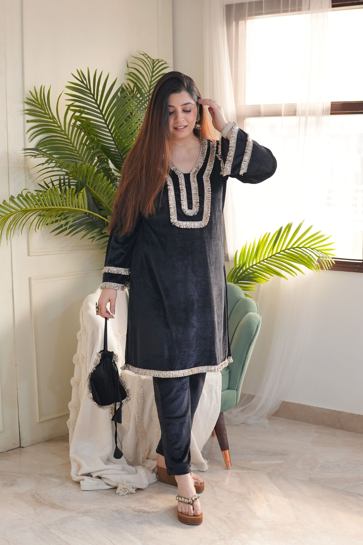 Meerza Black Velvet Plazo Set With Potli