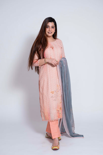 Isra Peach Schiffli Straight Suit Set