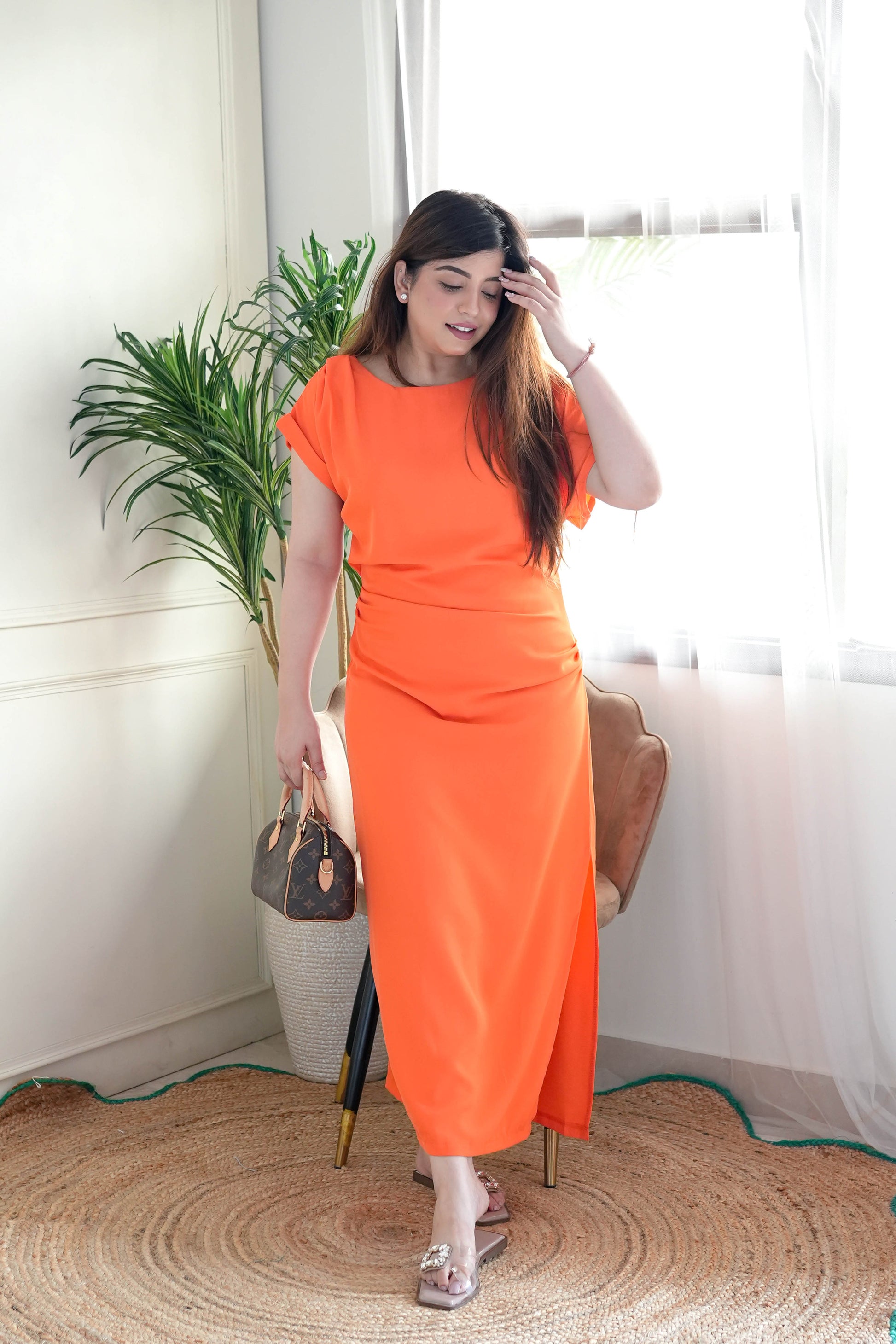 Neyah Orange Long Side Slit Dress