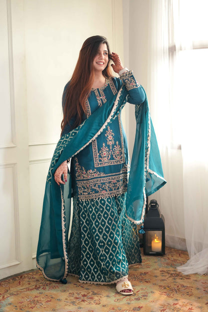 Ifza Green Pure Zadosi Work Sharara Set