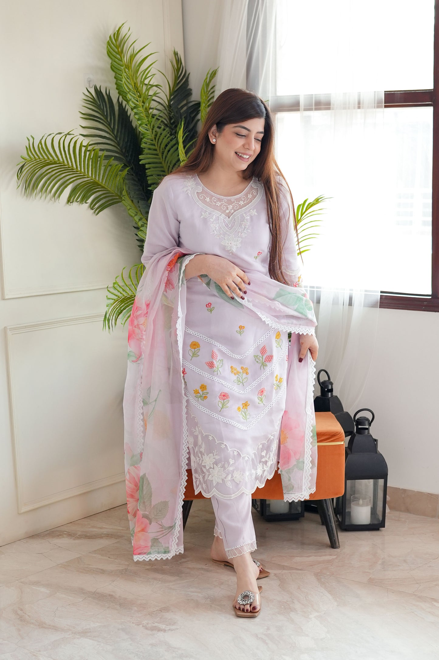 Neemra Lavender Thread Work Organza Suit