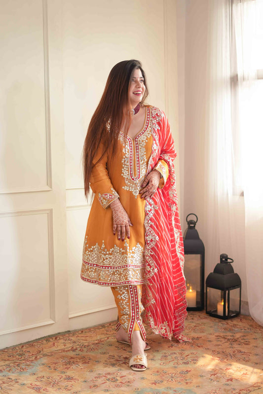 Seher Yellow Short Anarkali With Lehriya Dupatta.