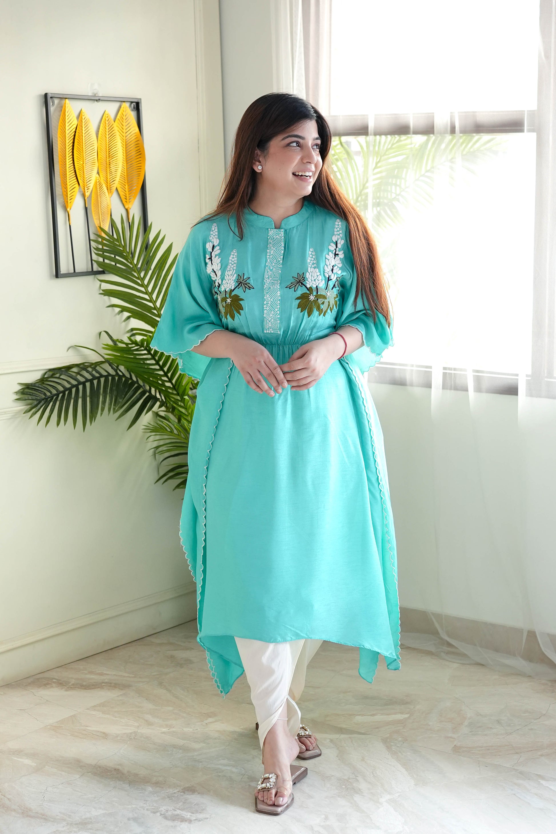 Saba Sea Green Hand Embroidered Kaftan Set