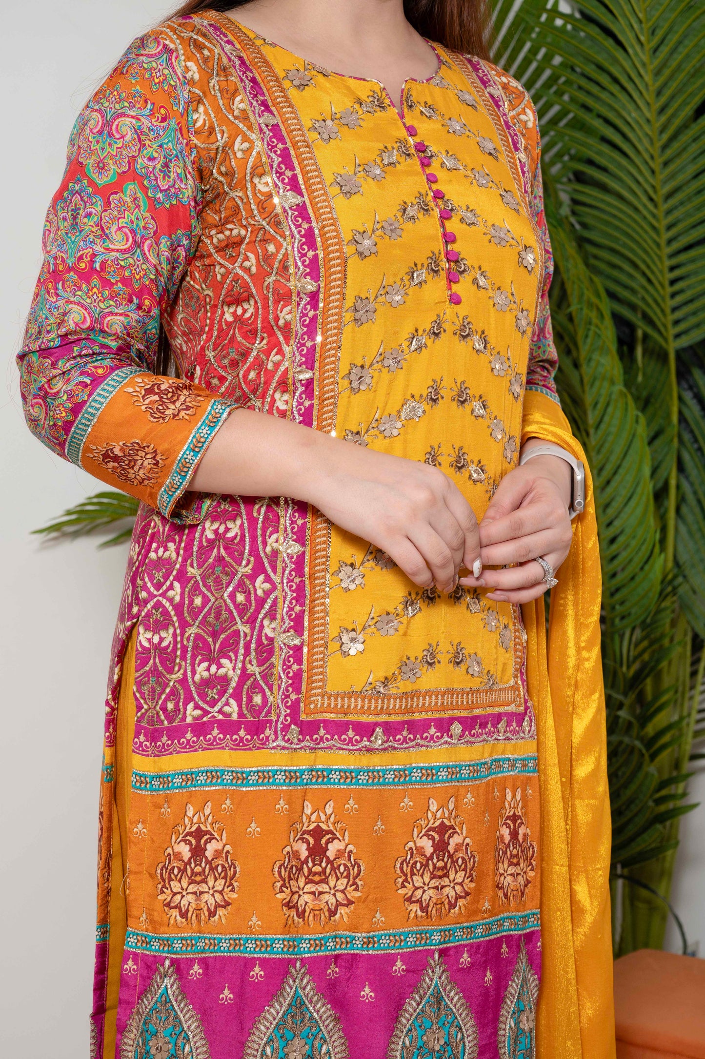 Sagari Yellow Printed Suit Set With Gotta Detailing