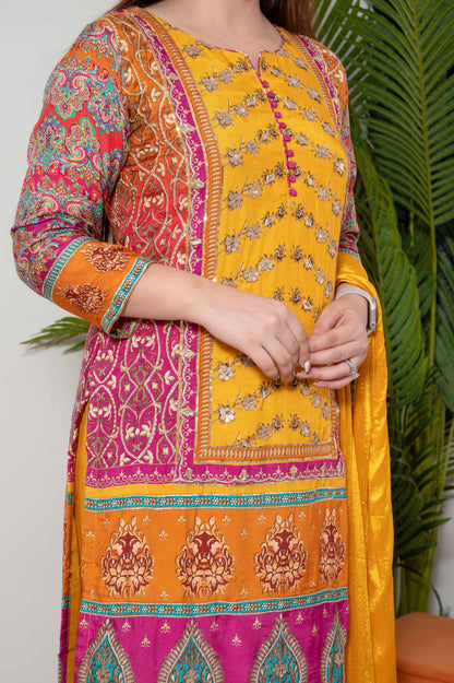 Sagari Yellow Printed Suit Set With Gotta Detailing