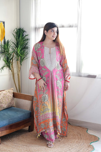 Sehrat Pink Ombre Printed Kaftan Set with Neck Embroidery