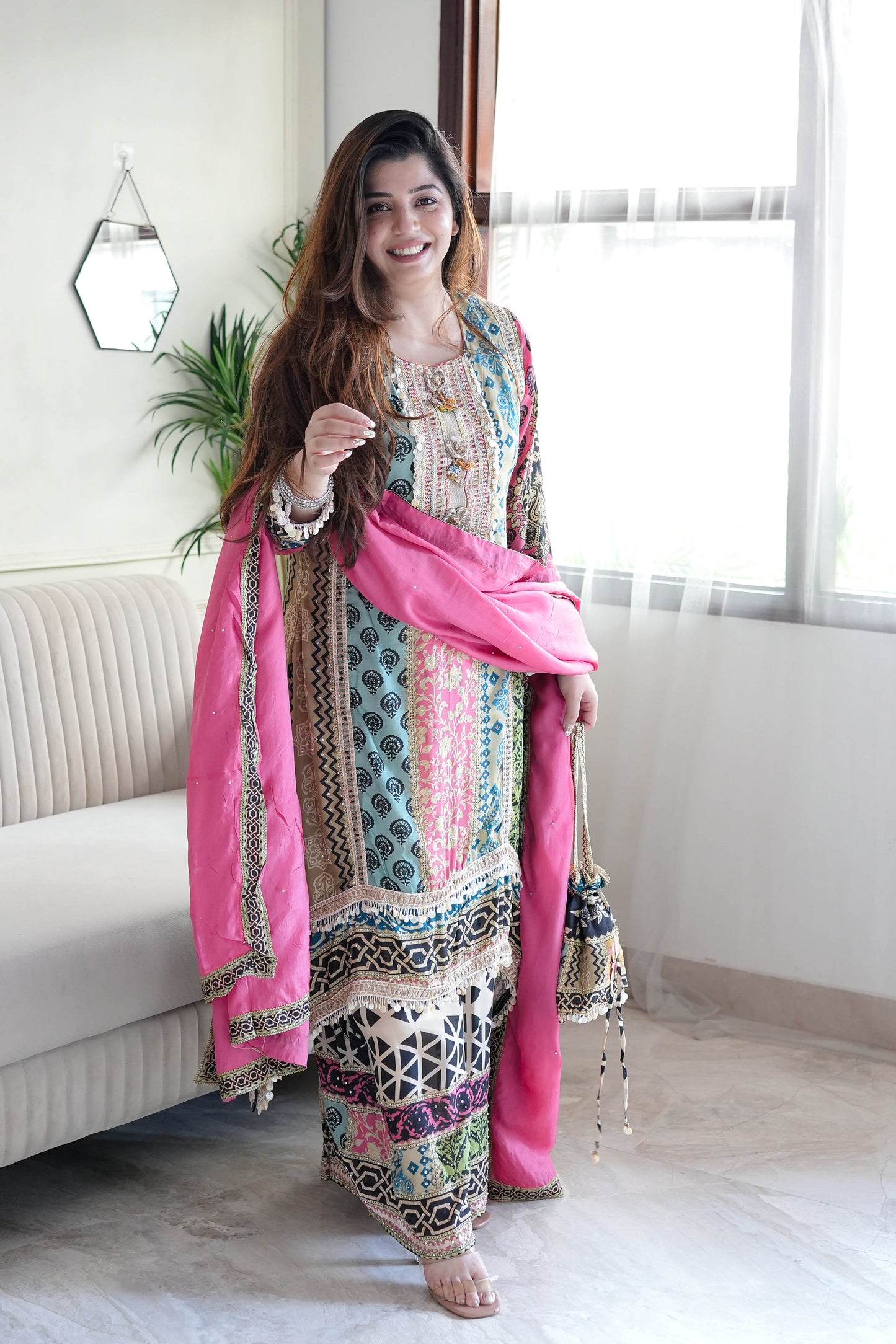 Tira Luxe Pink Embroidered Suit Set