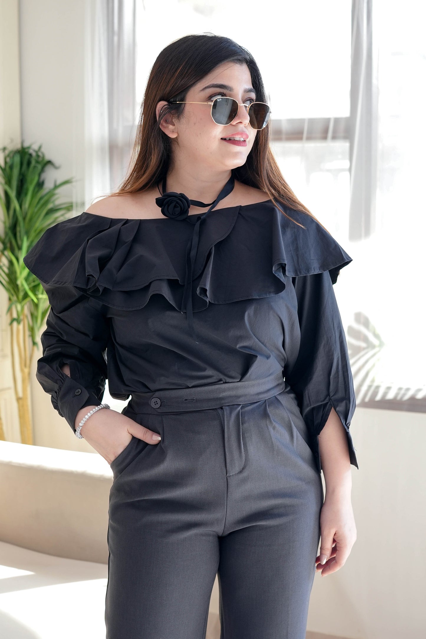 Allie Black Off Shoulder Top with Neckpiece