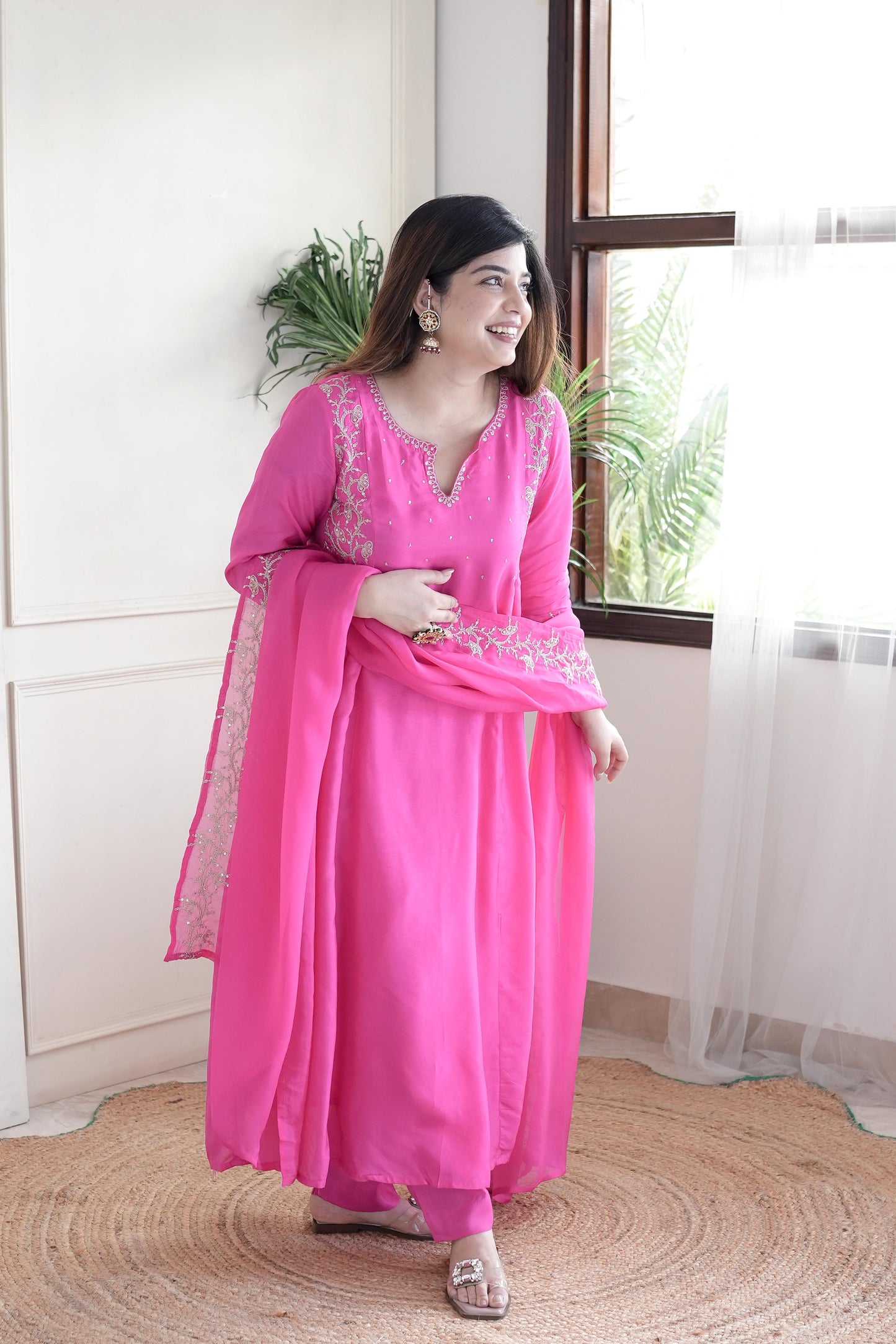 Simar Hot Pink Embroidered Anarkali Suit Set