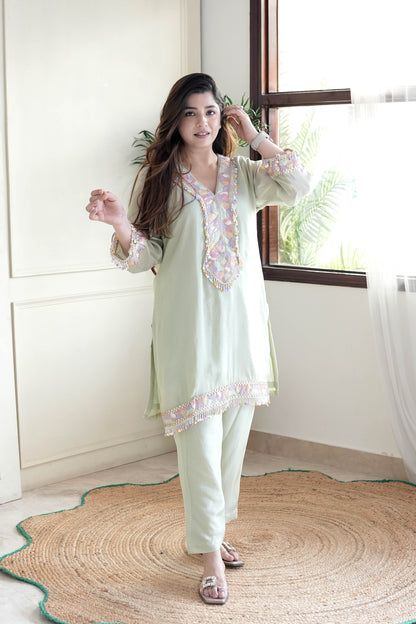 Zoya Green Embroidered Co ord Set