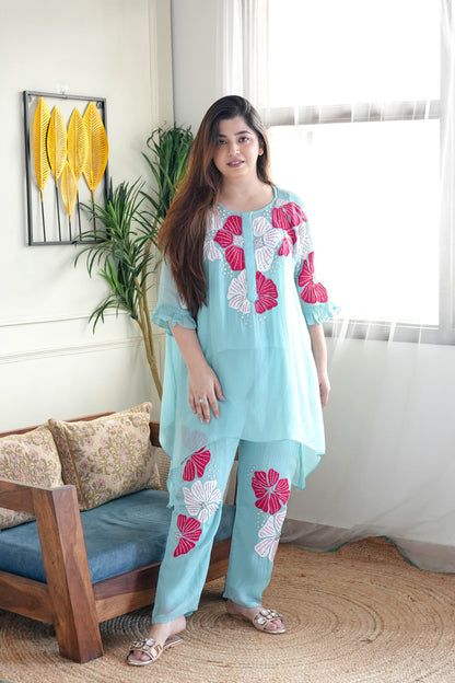 Alam Blue Floral Embroidered Co ord Set