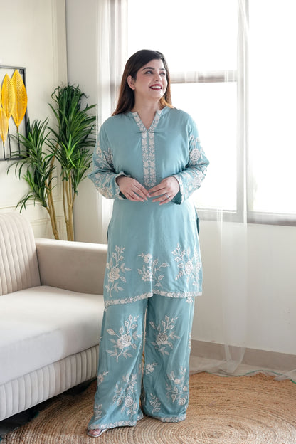 Simin Blue Thread Floral Embroidered Co ord Set