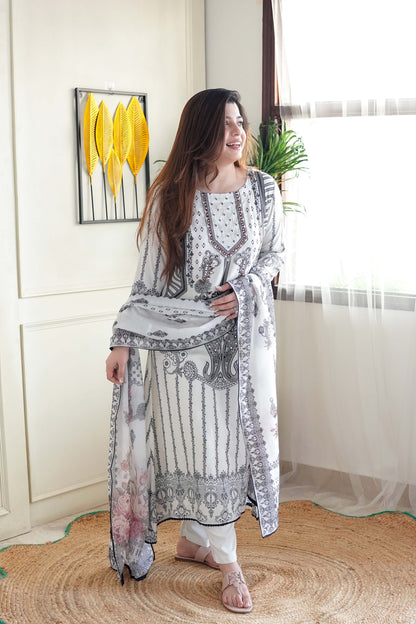 Salma White Printed Straight Suit Set