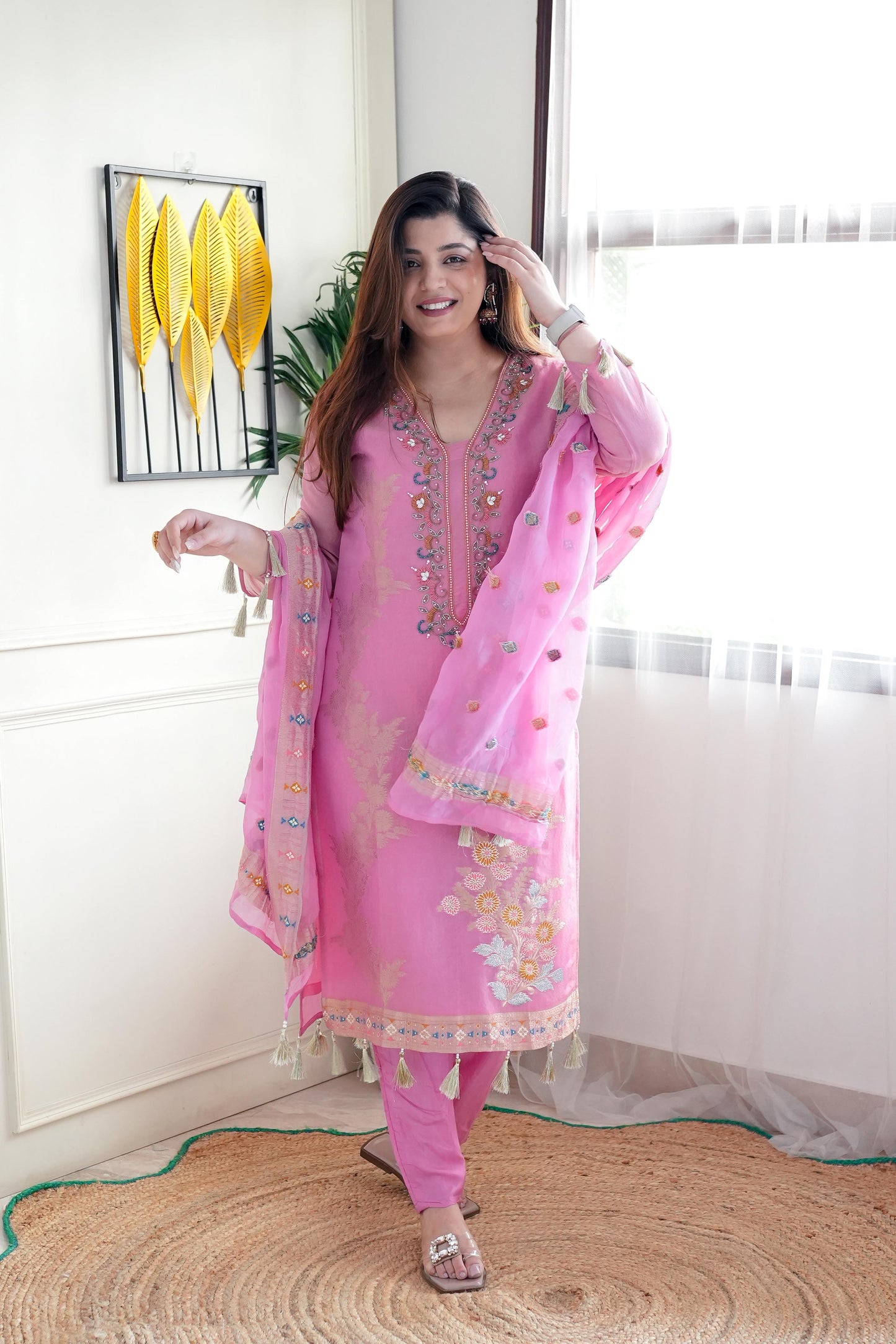 Begum Pink Silk Embroidered Suit Set