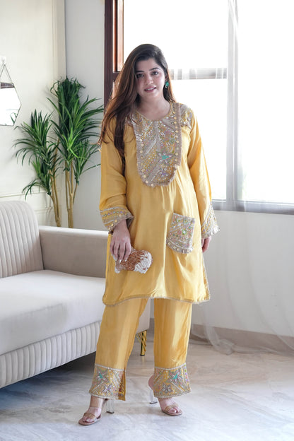 Rafia Yellow Embroidered Co ord Set