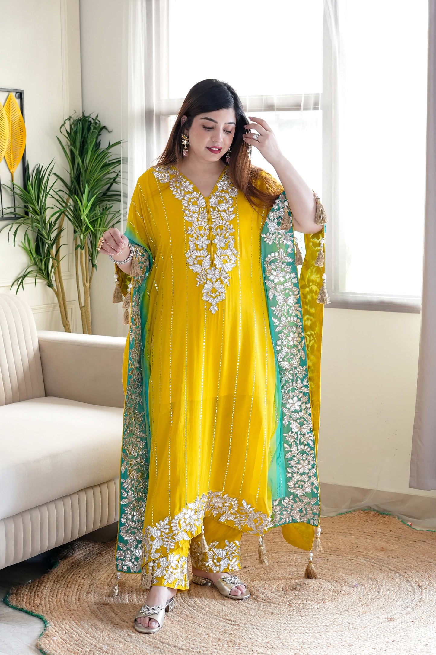 Nazma Yellow Gota Detailing Kaftan Set