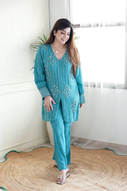 Gulab Turquoise Green Embroidered Co ord Set