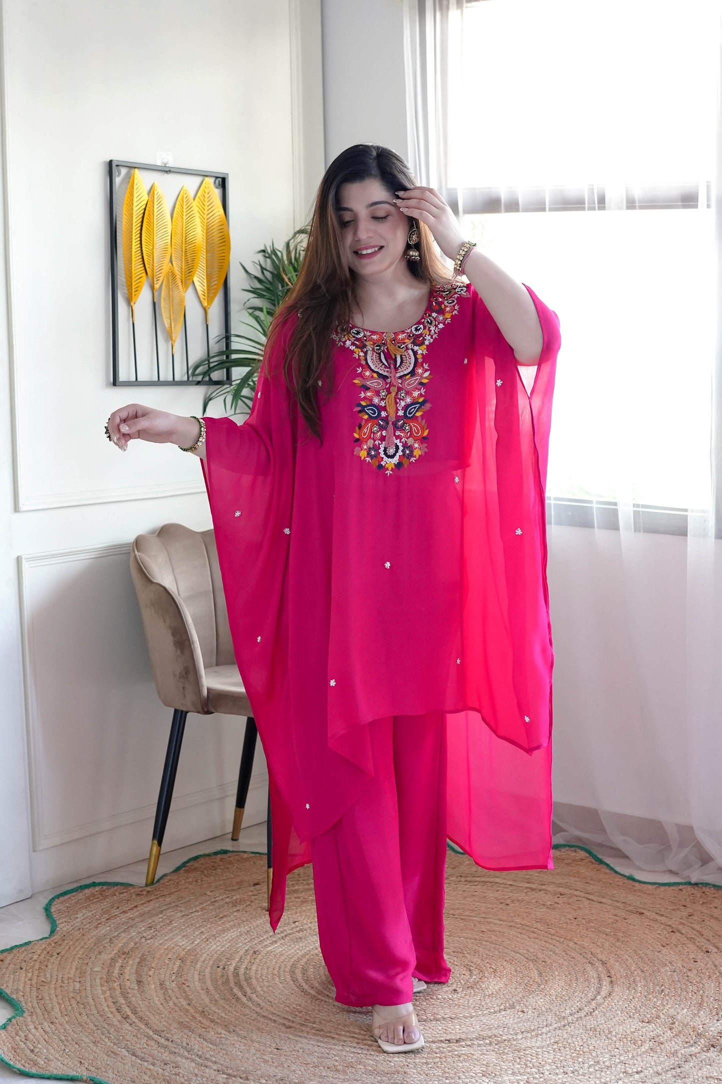 Yumna Hot Pink Embroidered Kaftan Set